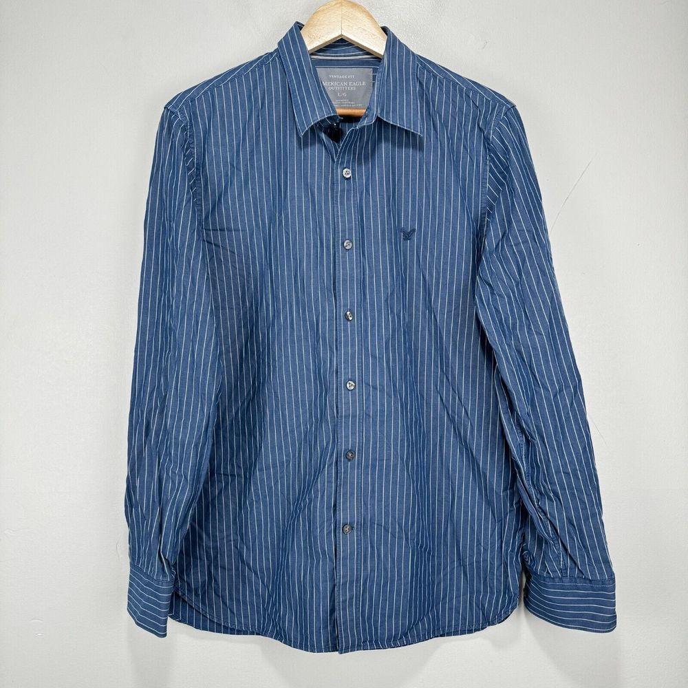 American Eagle Button Shirt‎ Men Large Blue White Striped 100% Cotton Everyday